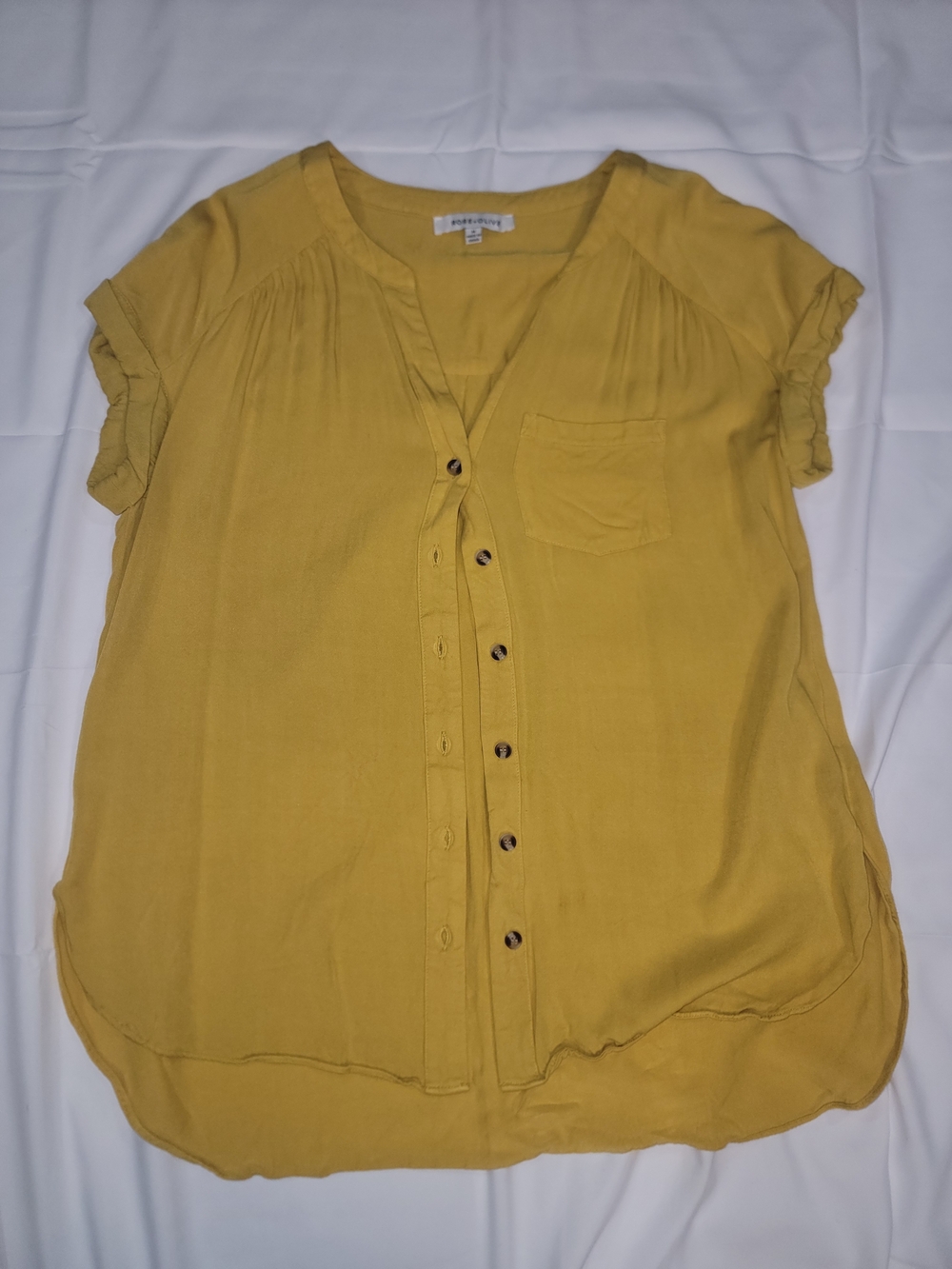 Rose & Olive Mustard Yellow Button-Front Short Sleeve Blouse
